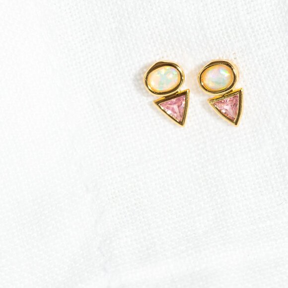 Tiny Stud Earrings Opal and Pink CZ Triangle Opal & Crystal Dainty Studs PRETTY - Picture 6 of 12